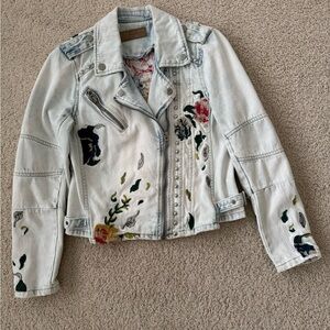 BLANK NYC embroidered, studded accent, bleached denim, moto statement jacket